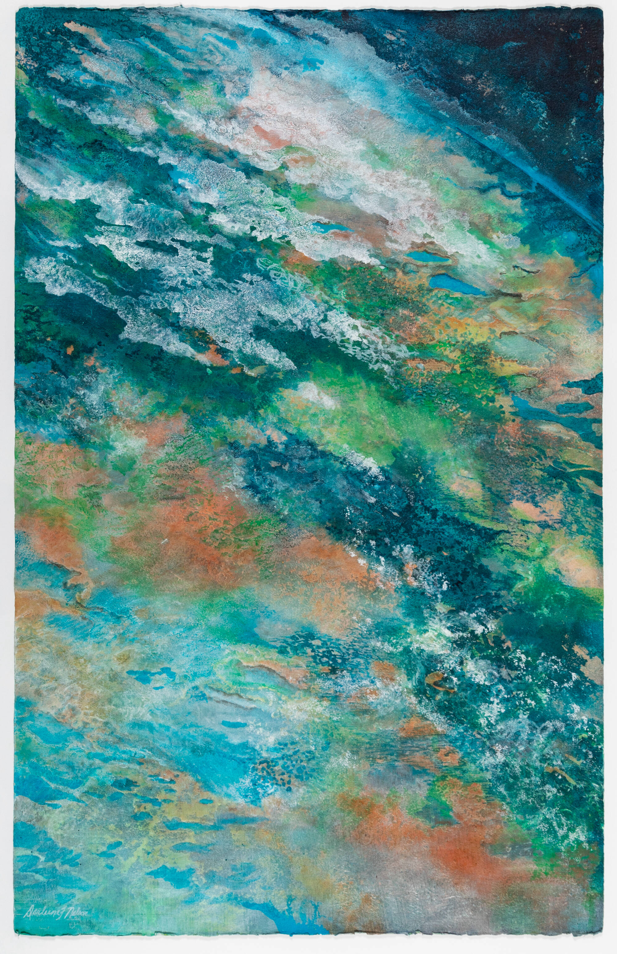 Abstract painting in shades of blue, green, white and brown that looks like the surface of Earth from space.